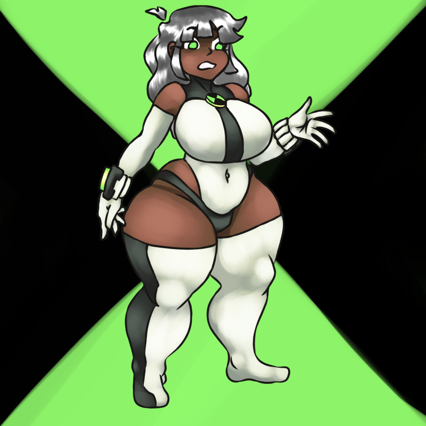 1girls 2022 5_fingers absurd_res big_ass big_breasts dark-skinned_female female female_only green_eyes huge_ass human oc omnitrix silver_hair tagme tenya_(thetis) thetis_(artist) thick_thighs twitter twitter_user_oc