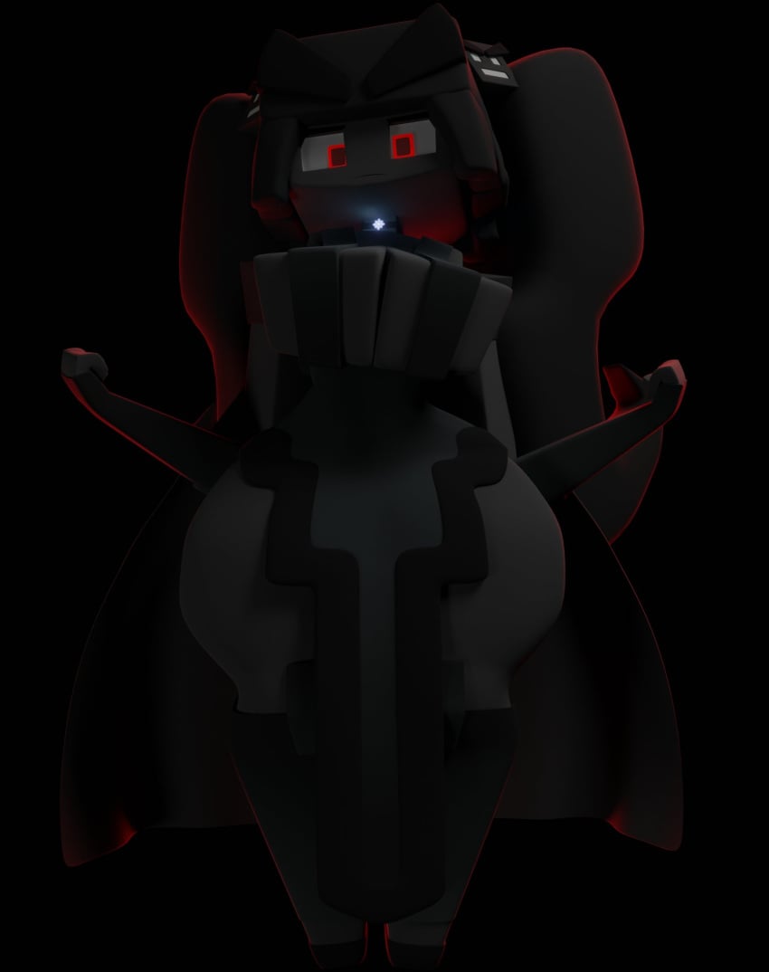 3d 3d_(artwork) ash_the_wither(cdknsfw) backlighting black_body black_clothing boots breasts choker digital_media_(artwork) fanart fingerless_gloves floating glowing_accessory glowing_eyes hair_ornament large_breasts looking_at_viewer looking_down minecraft pose red_eyes red_light robe thick_thighs thin_waist twintails unimpressed wide_hips zoey_is_too_small