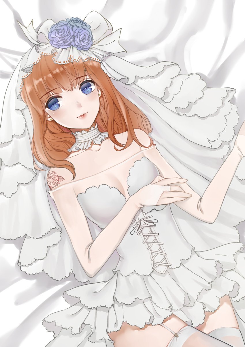 alternate_costume bare_shoulders blue_eyes blush bridal_gauntlets bridal_veil bride choker cleavage corset female female_only garter_straps gintama hair_down kagura_(gintama) looking_at_viewer maker_(pixiv) medium_hair nylons off_shoulder on_back orange_hair see-through_clothing sheer_legwear small_breasts solo stockings tattoo thighhighs translucent_clothing wedding_dress white_legwear white_thighhighs zettai_ryouiki