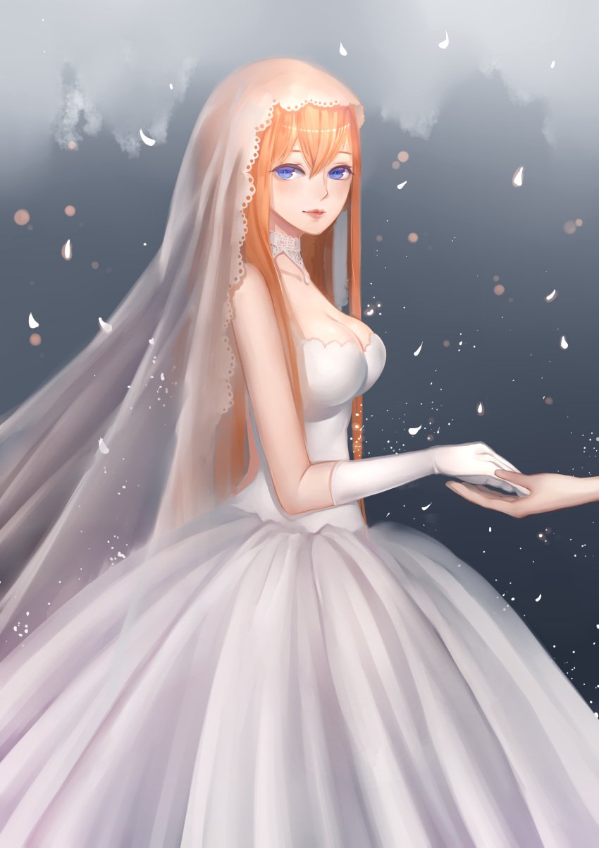 1girls aged_up alternate_costume big_breasts blue_eyes blush bridal_veil bride cleavage female female_focus fully_clothed gintama gloves hair_down kagura_(gintama) long_hair looking_at_viewer maker_(pixiv) orange_hair solo_focus veil wedding_dress white_gloves wholesome