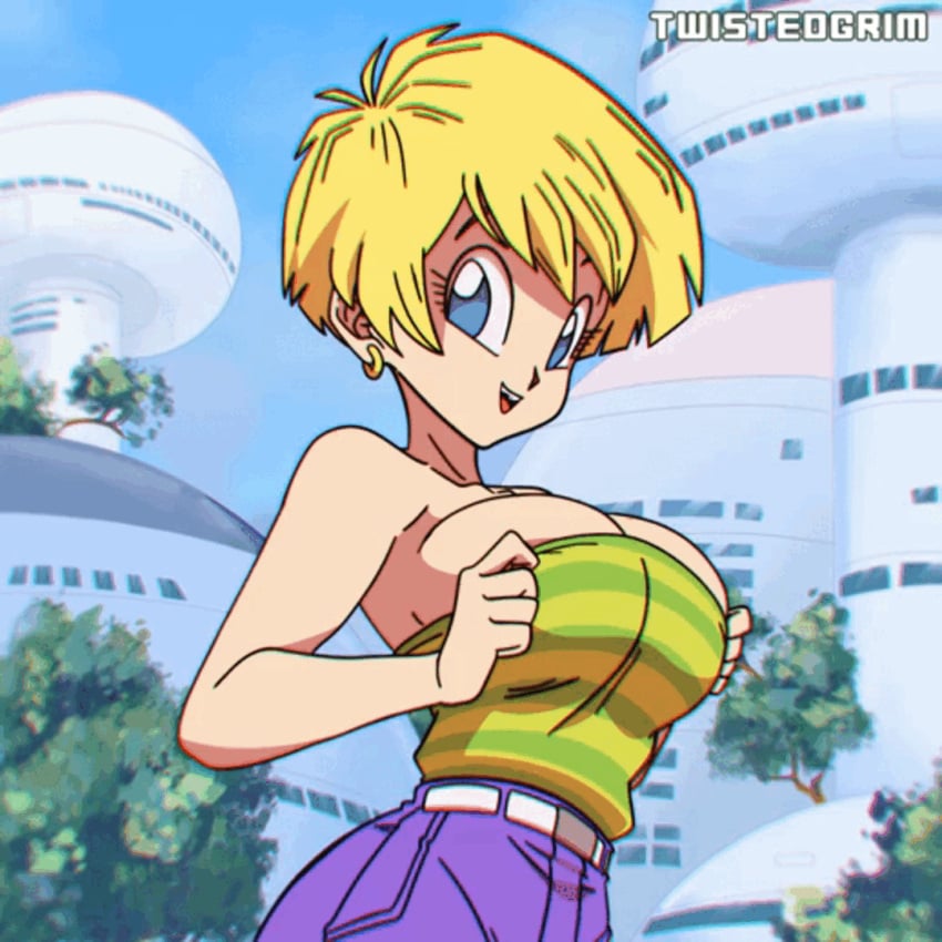 1girls animated areola artist_name big_areola big_breasts big_nipples blonde_hair blue_eyes breasts_out casual casual_nudity cleavage clothed clothed_female dragon_ball dragon_ball_z earring erasa erect_nipples exhibitionism female female_only flashing flashing_breasts gif green_topwear high_resolution holding_shirt huge_areolae huge_breasts huge_nipples looking_at_viewer nipples no_bra pulling_shirt_down shirt_down shirt_pull short_blonde_hair short_hair smile smiling_at_viewer solo solo_female twistedgrim yellow_hair