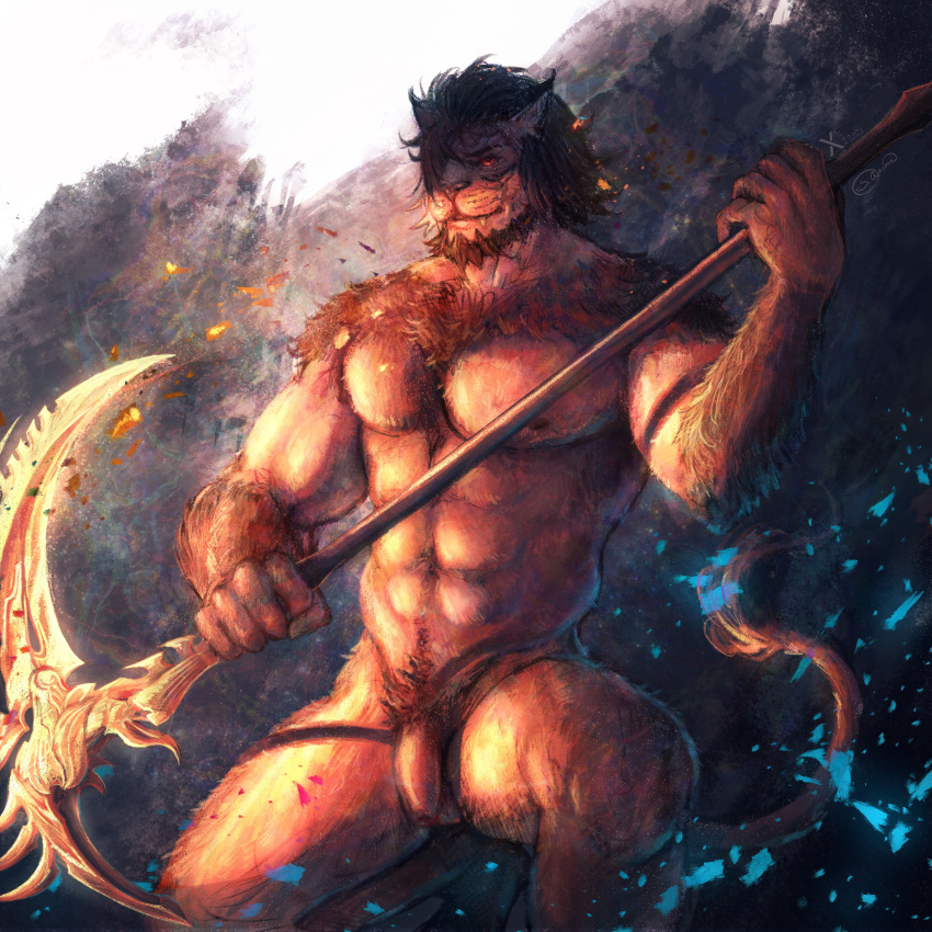 1:1 5_fingers abs absurd_res anthro biped felid feline final_fantasy final_fantasy_xiv fingers flaccid genitals hi_res hrothgar male male_only mammal melee_weapon nipples nude penis polearm s_anima scythe solo square_enix video_games weapon xenax