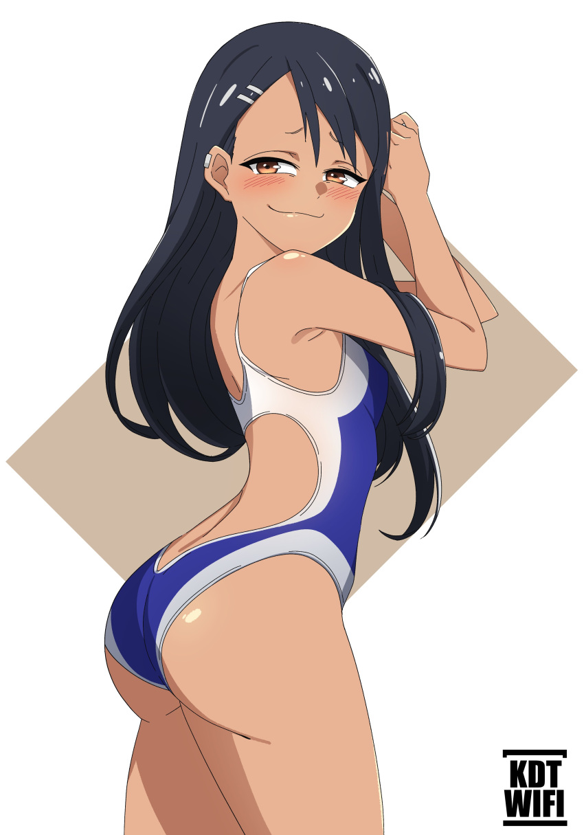 1girls ass black_hair blush breasts brown_eyes clothed clothing earrings female female_focus female_only hayase_nagatoro kdtwifi long_hair looking_at_viewer looking_back please_don't_bully_me,_nagatoro pose revealing_clothes sideboob simple_background small_ass small_breasts solo standing swimsuit watermark white_hair