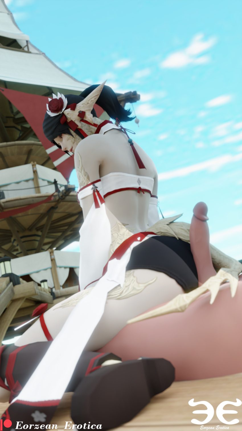 1futa 1girls 3d au_ra beach black_eyes black_hair buttjob clothing costa_del_sol day eorzean_erotica erect_penis erection female female_focus female_on_futa final_fantasy final_fantasy_xiv futa_on_female futanari hot_dogging light-skinned_female light_skin nude nude_futanari outdoors outside penis ponytail roegadyn shisui_gear sitting sitting_on_person sunlight