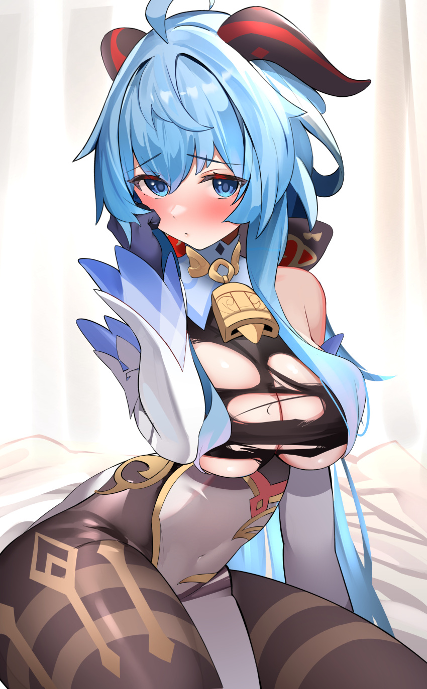 absurdres ahoge alternate_eye_color bangs bare_shoulders bell blue_eyes blue_gloves blue_hair blush breasts brown_pantyhose detached_sleeves enishi96 female full-face_blush ganyu_(genshin_impact) genshin_impact gloves goat_horns gold_trim highres horns long_hair looking_at_viewer medium_breasts neck_bell pantyhose sidelocks sitting solo thighlet thighs torn_clothes wariza white_sleeves