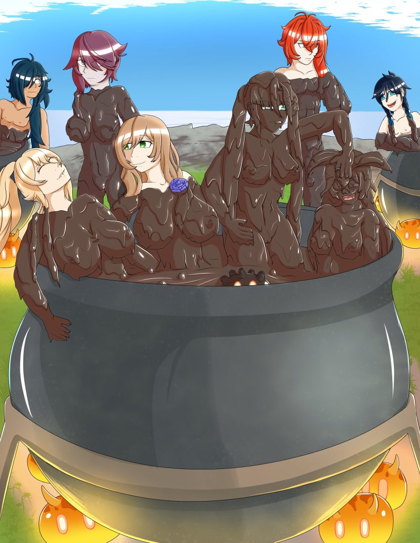 3boys 5girls amber_(genshin_impact) breasts cauldron covered_in_mud diluc_(genshin_impact) female genshin_impact geo_slime_(genshin_impact) jean_gunnhildr kaeya_(genshin_impact) lisa_(genshin_impact) male mona_(genshin_impact) mud mud_bath muddy naked nipples nude penis pyro_slime_(genshin_impact) rosaria_(genshin_impact) slime_(genshin_impact) tagme themaxheckler venti_(genshin_impact) wam