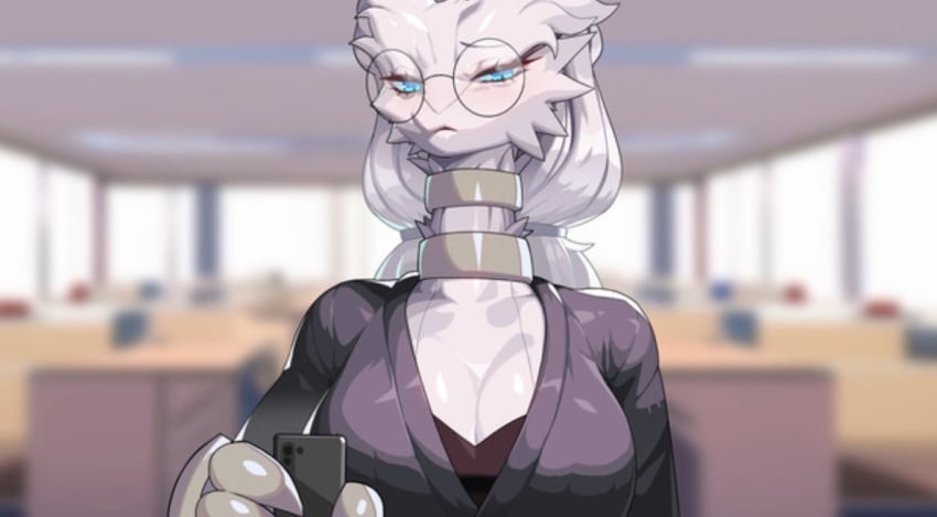 anthro anthrofied breasts cleavage clothed clothing dragon dragon_girl dragoness drunkoak eyewear female female_dragon female_pokemon fluffy fluffy_tail fur furred_dragon furry glasses hi_res legendary_pokémon nintendo office office_lady pokémon_(species) pokemon reshiram solo suit thick white_fur white_hair