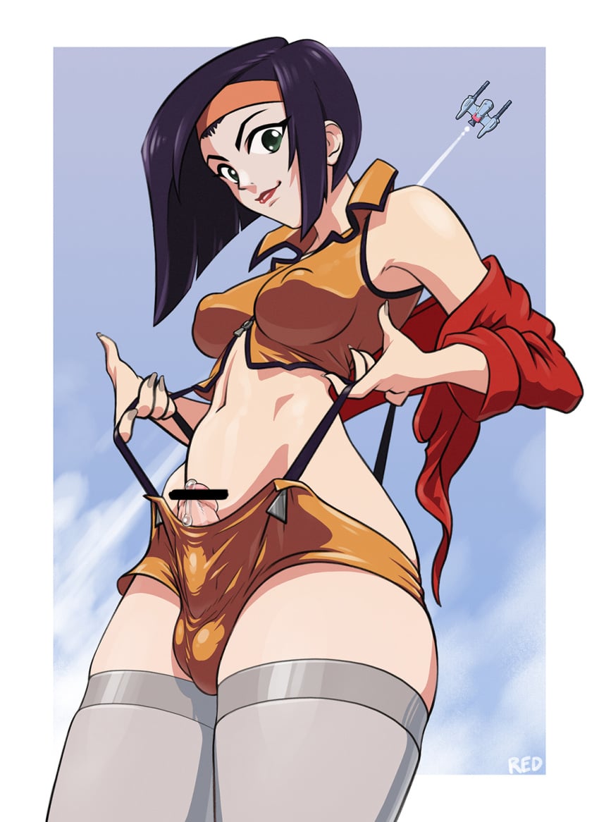 1futa artist_name bar_censor black_hair breasts censored clothed clothing cloud covered_nipples covered_testicles cowboy_bebop crop_top cum erection faye_valentine flannaganthered futa_only futanari green_eyes hairband highres human light-skinned_futanari light_skin lipstick looking_at_viewer makeup medium_breasts nipples orange_hairband partially_clothed penis purple_hair science_fiction smile solo standing testicles thick_thighs thighhighs white_thighhighs wide_hips