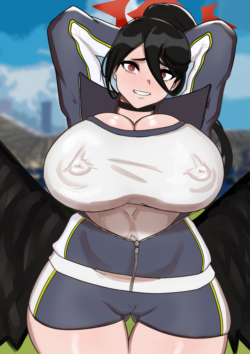 1girls 2d angel big_nipples big_thighs black_hair blue_archive breasts hasumi_(blue_archive) hasumi_(gym_uniform)_(blue_archive) huge_breasts justice_task_force_(blue_archive) light-skinned_female light_skin red_eyes smile soks_(soksny) solo trinity_general_school_student wings