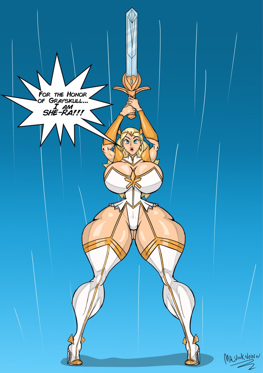 1girls 2020 2020s adora armor artist_name barely_clothed bikini_armor bimbo blonde_female blonde_hair blue_background blue_eyes bracer breasts breasts_bigger_than_head cameltoe cleavage dialogue earrings english_text female female_only hi_res high_heel_boots high_heels hourglass_figure huge_breasts hyper hyper_breasts hyper_thighs leotard lipstick long_hair makeup massive_breasts massive_thighs misterunknowno1 open_mouth pauldrons pink_lips pink_lipstick platinum_blonde_hair she-ra she-ra_and_the_princesses_of_power simple_background solo solo_female speech_bubble stiletto_heels sword text thick_thighs thin_waist tiara very_long_hair wasp_waist watermark weapon white_heels white_high_heels white_high_heels_boots white_leotard wide_hips