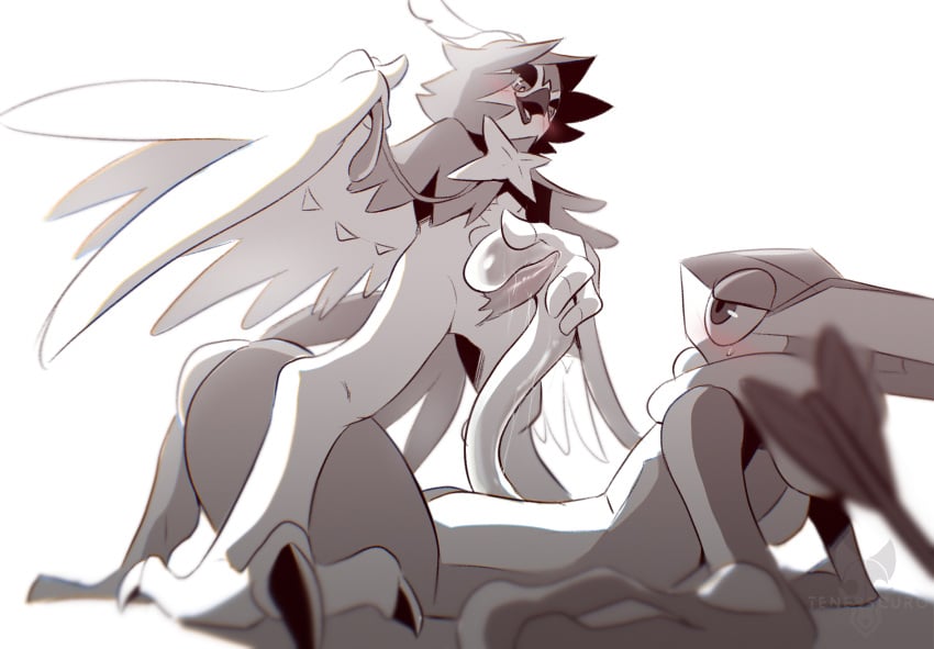 ambiguous_gender anthro beak biped blush bodily_fluids decidueye duo erection generation_6_pokemon generation_7_pokemon genitals greninja hi_res long_tongue male male/ambiguous male_only monochrome nintendo penis pokemon pokemon_(species) pseudo_clothing saliva shaded sweat tapering_penis tenebscuro tongue tongue_on_penis video_games watermark
