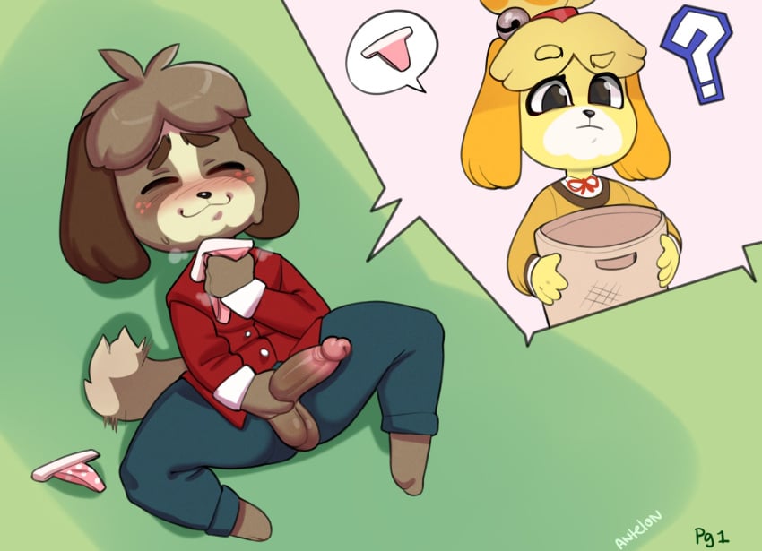 2d animal_crossing antelon anthro anthro_on_anthro anthro_only balls blush bodily_fluids canid canine canis clothing digby_(animal_crossing) domestic_dog female genitals hi_res humanoid_penis incest incestuous_fantasy isabelle_(animal_crossing) male mammal masturbation musk musk_clouds nintendo no_humans office_lady panties panty_theft penis solo stealing sweat tail_motion tailwag underwear video_games