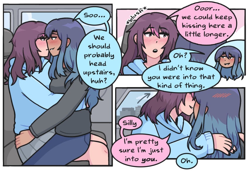 2girls blush car comic comic_page cuddling dark-skin dark-skinned_female emma_(welcome_to_heaven) english_text female_only hugging in_car kissing lesbian light-skin light-skinned_female long_hair sasha_(welcome_to_heaven) sitting_on_lap speech_bubble text welcome_to_heaven yuri