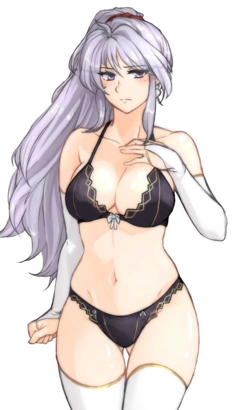 1girls absurdres ass_visible_through_thighs bare_shoulders belly_button black_bra black_panties black_underwear blushed bra breasts cleavage collarbone female female_only fingerless_gloves fire_emblem fire_emblem:_genealogy_of_the_holy_war gloves grey_hair highres hourglass_figure ishtar_(fire_emblem) large_breasts long_hair looking_at_viewer nintendo panties ponytail purple_eyes simple_background solo thighhighs thighs tridisart underwear very_long_hair