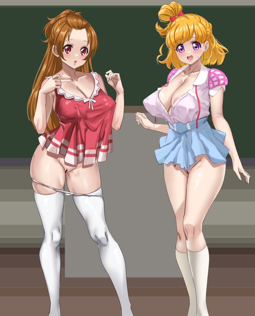 2girls :o asahina_mirai bar_censor blonde_hair blue_skirt blush bow breasts brown_hair censored chalkboard classroom cleavage clothing dokidoki!_precure erect_nipples erect_nipples_under_clothes fuooooo hairbow highres large_breasts long_hair madoka_aguri mahou_girls_precure! multiple_girls no_panties open_mouth panties panty_pull precure pretty_cure purple_eyes pussy red_bow red_eyes short_hair skirt socks stockings thighhighs underwear white_socks white_thighhighs