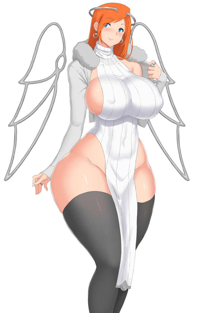 angel angel_wings big_breasts blue_eyes blush breasts earrings game_cg kainkout long_hair nipples_visible_through_clothing official_art orange_hair seductive seductive_eyes seductive_look seductive_mouth seductive_smile smiling succubus_covenant thigh_socks transparent_background video_game_character virgin_killer_sweater voluptuous voluptuous_female