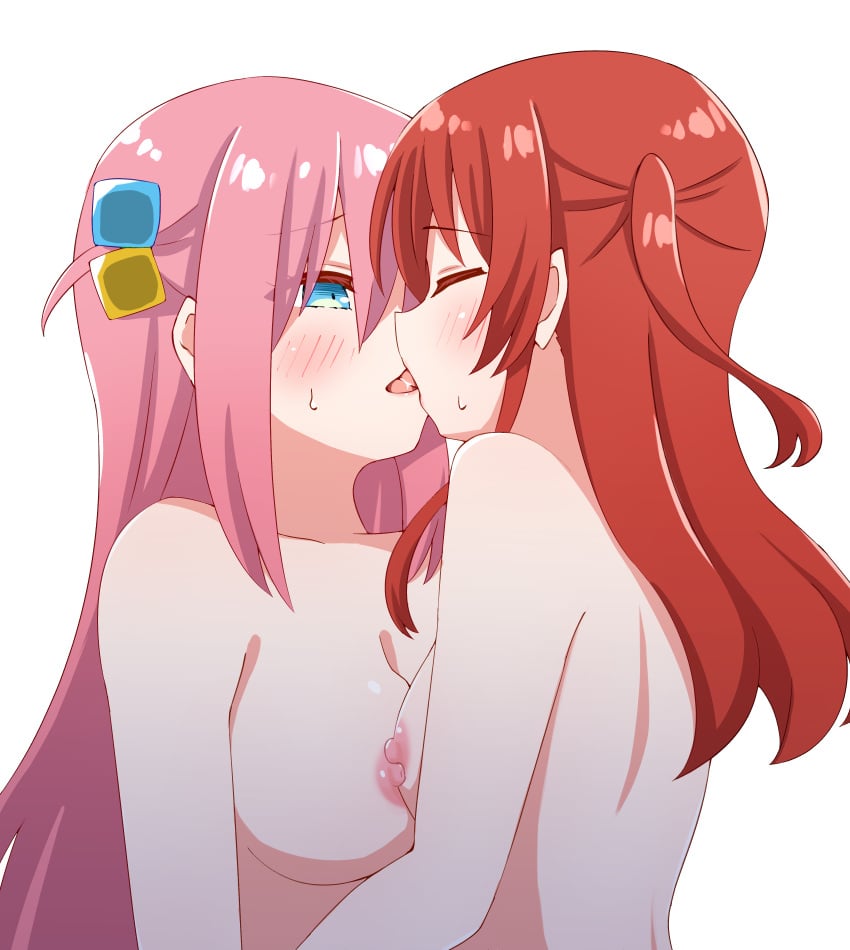 2girls back bangs blue_eyes blush bocchi_the_rock! breast_press breasts cleavage closed_eyes completely_nude embarrassed french_kiss gotou_hitori hair_between_eyes hair_cubes hair_ornament highres kissing kita_ikuyo long_hair looking_at_another medium_breasts medium_hair multiple_girls nipple-to-nipple nipples nude out_of_frame pink_hair ponytail red_hair sakatsu_m saliva side_ponytail simple_background small_breasts sweat sweatdrop tongue upper_body yuri