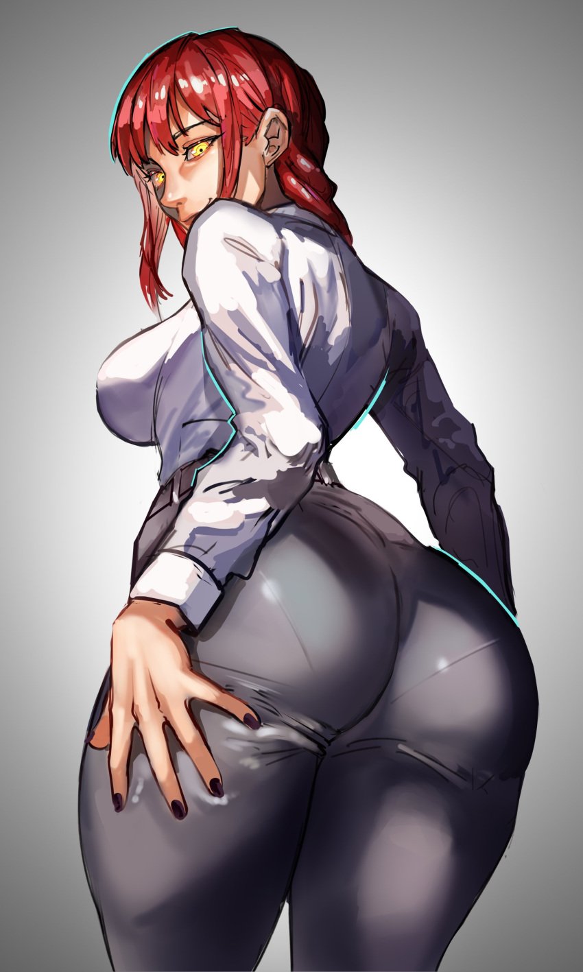 1girls ass ass_focus big_ass black_nail_polish black_nails black_pants bottomwear breasts chainsaw_man dat_ass female female_only hair hand_on_thigh huge_ass large_ass makima_(chainsaw_man) nail_polish nails pants pantylines red_hair ribosoma_42 shirt solo solo_female topwear white_shirt yellow_eyes