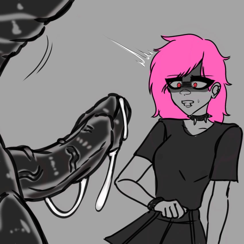 1girls artist_self-insert bendy bendy_and_the_dark_revival bendy_and_the_ink_machine choker cute_deth cute_deth(character) demon huge_cock ink_demon pink_hair self_insert shocked_expression veiny_penis