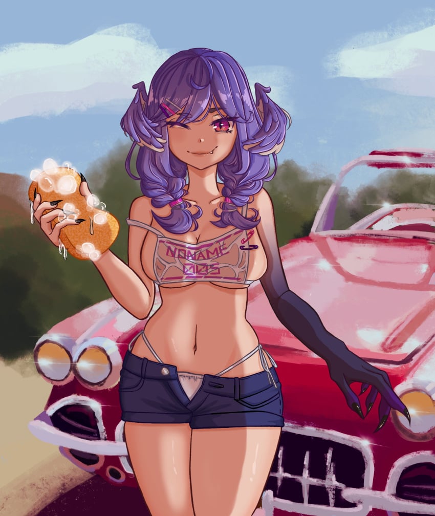 1girls bare_shoulders belly_button big_breasts breasts bubbles car car_wash cleavage clothed dragon_girl dragon_hand exposed_shoulders furbytch hair_wings hairclip head_wings holding_object looking_at_viewer midriff navel nijisanji nijisanji_en nipples_visible_through_clothing oerba_yun_fang one_eye_closed purple_hair see-through see-through_clothing selen_tatsuki short_shorts small_shirt solo solo_female solo_focus twin_braids unbuttoned_shorts virtual_youtuber wet_clothes wink winking_at_viewer