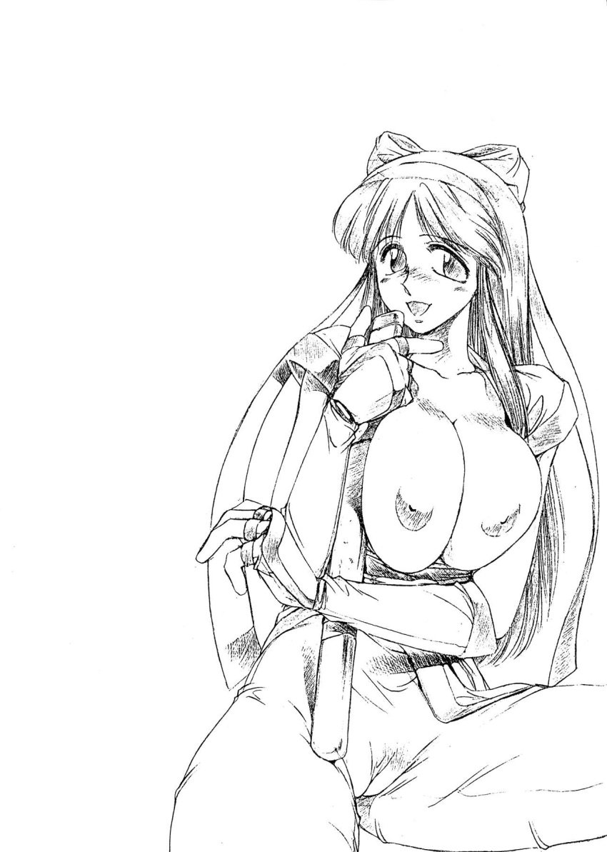 1994 1girls ainu_clothes arm_under_breasts big_breasts breasts breasts_out busty cameltoe cleft_of_venus female female_only fingerless_gloves gloves hair_ribbon highres huge_breasts long_hair looking_at_viewer monochrome nakoruru nipples open_mouth pants ribbon samurai_shodown sitting smile snk solo tokisaka_mugi voluptuous weapon