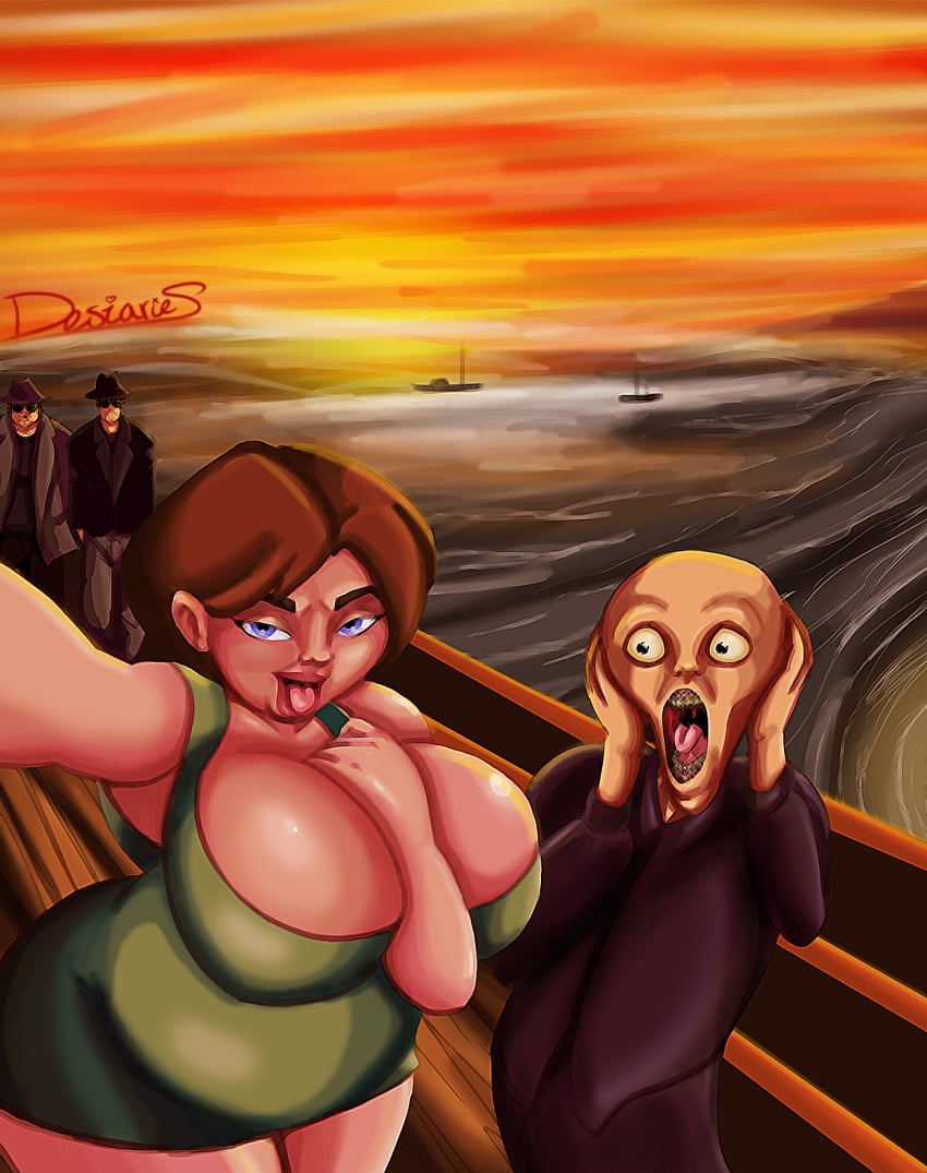 1girls alien bald bbw big_breasts boat breasts brown_hair chubby chubby_female classic cleavage desiaries dock evening extraterrestrial female fine_art_parody funny hat horizon huge_breasts lmao looking_at_viewer open_mouth photografic_proof picture pier scream screaming sea seaside selfie shocked shocked_expression size_difference smile sunset the_scream thedesiaries tongue water