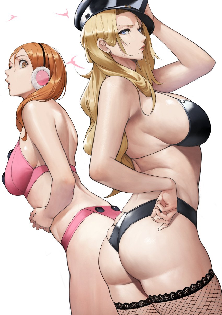 2girls absurdres ass bangs bare_shoulders black_bra black_headwear black_panties bleach blonde_hair blue_eyes bra breasts brown_eyes earmuffs female female_only hat highres inoue_orihime large_breasts long_hair looking_at_viewer matsumoto_rangiku multiple_girls open_mouth orange_hair panties parted_bangs peaked_cap pink_bra pink_panties thighs underwear voluptuous yoshi55level yoshio_(55level)