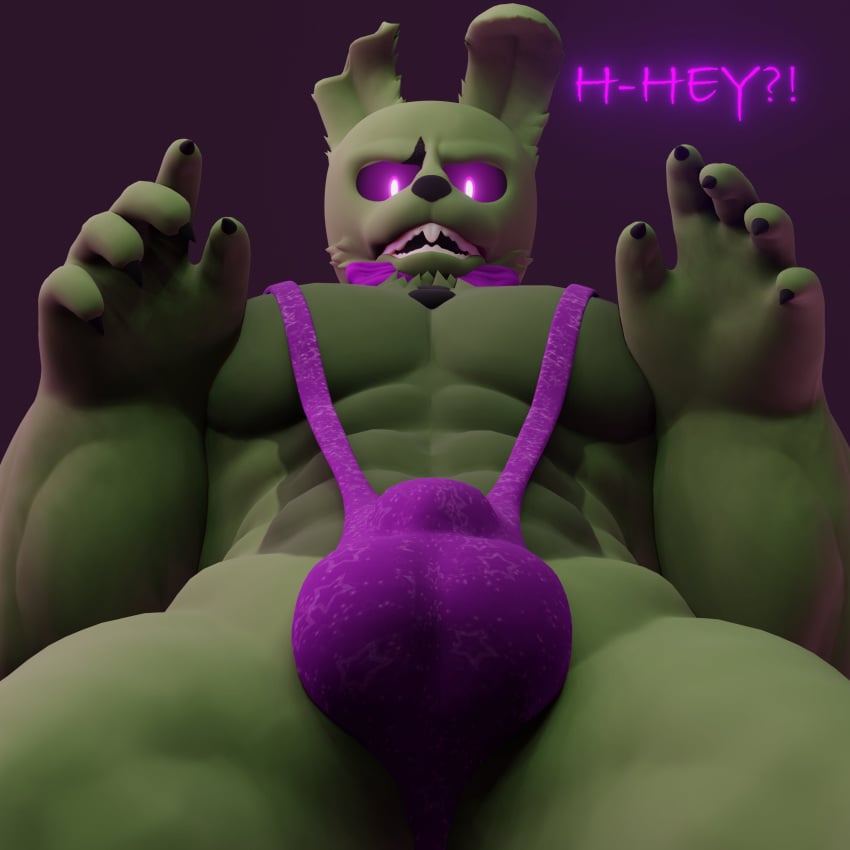 1boy 3d 3d_(artwork) annoyed anthro anxiboi bara barazoku buldge bunny bunny_ears bunny_tail clothed clothing first_person_view five_nights_at_freddy's five_nights_at_freddy's_3 furry furry_ears gay gay_male green_fur hi_res male male_only muscular purple_eyes shocked shocked_expression sling_bikini solo springtrap springtrap_(fnaf) tagme tail text viewed_from_below