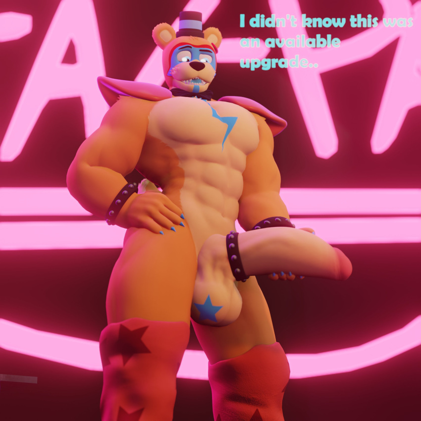 3d 3d_(artwork) anthro anxiousanxiety bara bear big_penis blue_eyes bowtie bracelet claws confused confusion ear_piercing five_nights_at_freddy's five_nights_at_freddy's:_security_breach furry furry_ears gay glamrock_freddy_(fnaf) hand_on_hip hi_res holding_penis huge_cock male male_only muscular naked nude pauldrons solo spiked_bracelet star tagme tail text top_hat