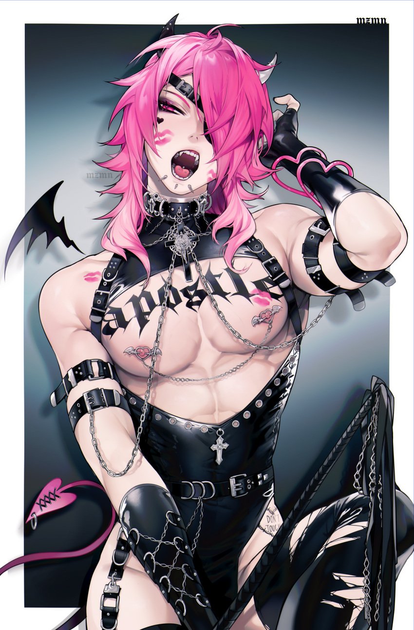 1boy arms_behind_back arms_up bondage chest_tattoo cross demon_boy demon_horns demon_tail demon_wings ear_piercing eyepatch femboy feminine feminine_male fingerless_gloves girly gloves head_tilt hi_res high_resolution highres horns incubus large_pectorals light-skinned_male light_skin lipstick lipstick_mark long_hair looking_at_viewer male male_focus male_only mazamuno mongrel_(mazamuno) muscles muscular muscular_male open_mouth original original_character pectorals piercing pink_eyes pink_hair sharp_teeth shiny shiny_clothes shiny_hair shiny_skin solo solo_focus solo_male tail tattoo tattoos teeth tongue tongue_piercing whip wings