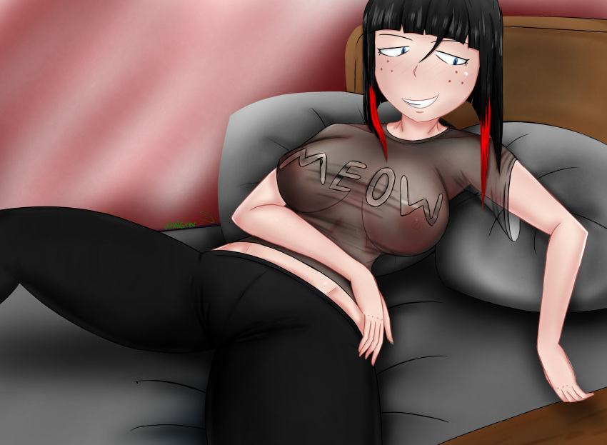 adshtorm big_breasts black_clothing black_hair blue_eyes oc red_hair