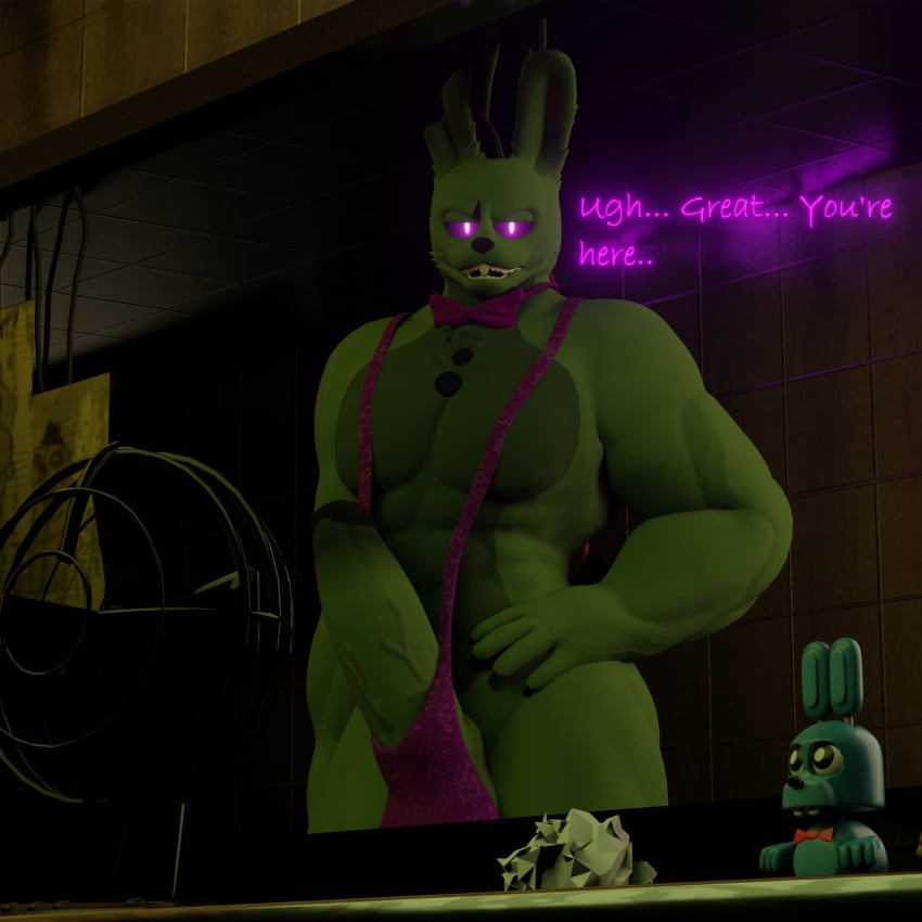 1boy 3d 3d_(artwork) annoyed anthro anxiboi balls bara big_penis buldge bunny bunny_ears bunny_tail clothed clothing five_nights_at_freddy's five_nights_at_freddy's_3 furry furry_ears gay gay_male genitals green_fur hand_on_hip hi_res male male_only muscular office penis poking_out purple_eyes sling_bikini sling_bikini_aside solo springtrap springtrap_(fnaf) tagme tail text