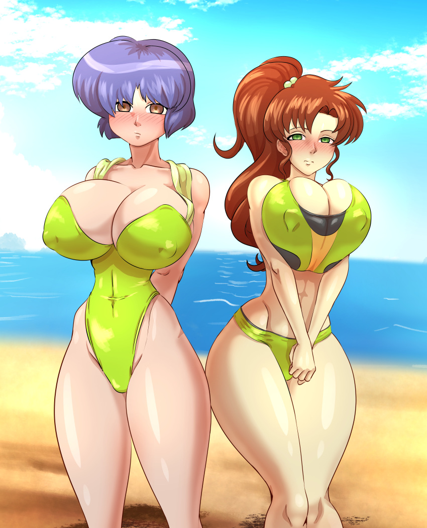 2girls akane_tendo beach bikini bishoujo_senshi_sailor_moon breasts crossover karuro-kun large_breasts makoto_kino multiple_girls one-piece_swimsuit ranma_1/2 smooth_skin swimsuit