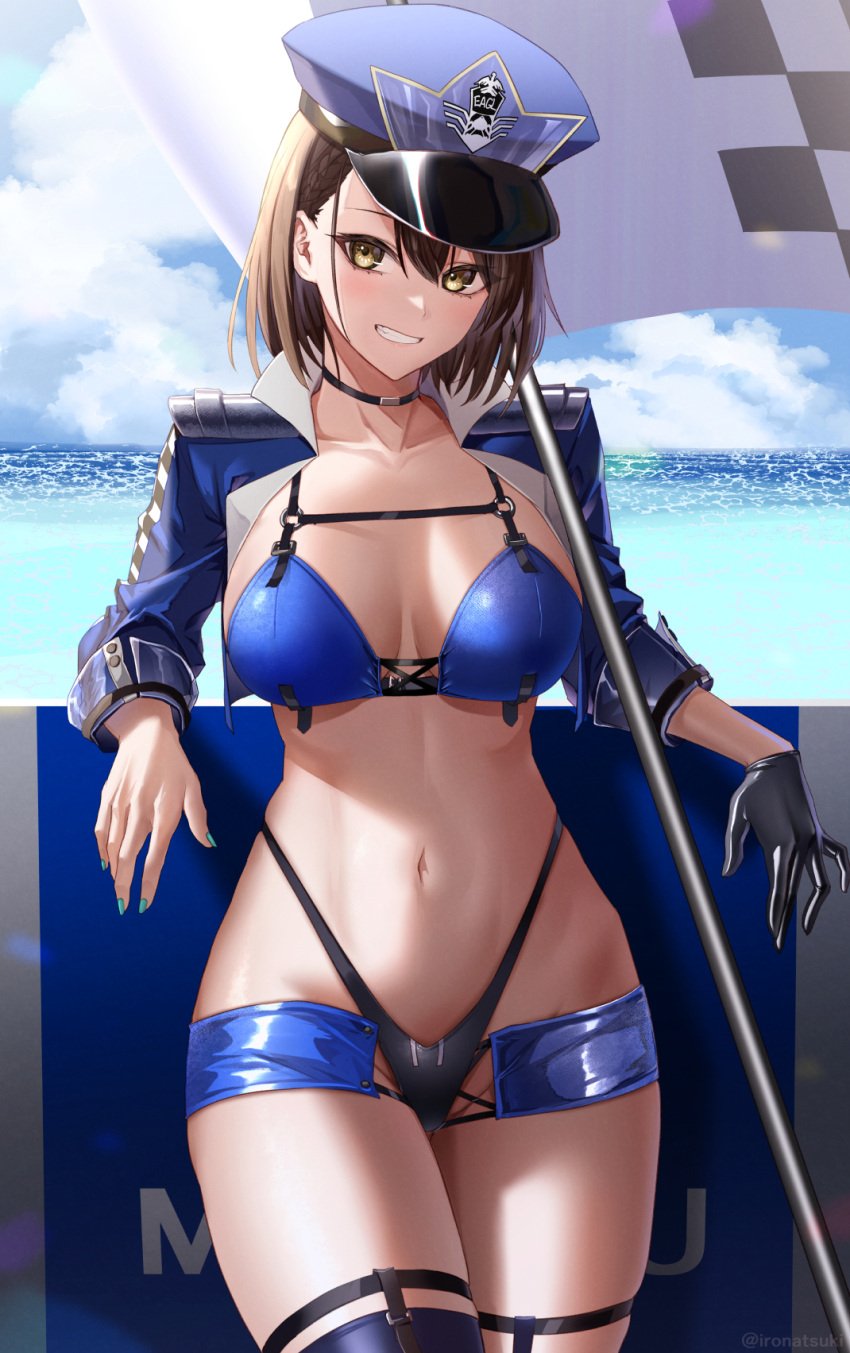 1girls arm_support azur_lane baltimore_(azur_lane) baltimore_(finish_line_flagbearer)_(azur_lane) bangs beach belly belly_button bikini black_bikini black_glove black_thighhighs blue_bikini blue_headwear blue_jacket blue_sky blush blush_lines blushing_at_viewer breasts brown_hair choker cleavage collarbone cropped_jacket female female_focus female_only flag glove grin grinning grinning_at_viewer hat high_resolution highleg highleg_bikini highres ironatsuki jacket light-skinned_female light_skin long_sleeves looking_at_viewer medium_breasts micro_shorts mismatched_bikini navel ocean official_alternate_costume painted_fingernails queen race shiny shiny_clothes shiny_hair shiny_skin short_hair shorts single_glove sky smile smiling_at_viewer solo stomach swimsuit thighhighs thighs yellow_eyes