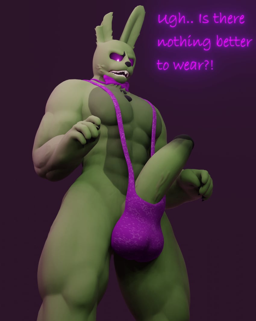 1boy 3d 3d_(artwork) annoyed anthro anxiboi balls bara barazoku big_penis buldge bunny bunny_ears bunny_tail clothed clothing five_nights_at_freddy's five_nights_at_freddy's_3 furry furry_ears gay gay_male genitals green_fur hi_res looking_down male male_only muscular penis poking_out purple_eyes sling_bikini sling_bikini_aside solo springtrap springtrap_(fnaf) tagme tail text