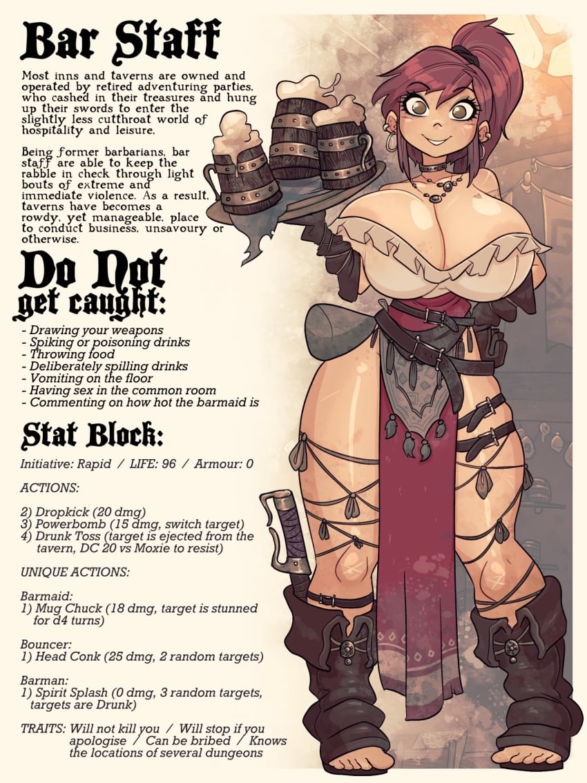 areola_slip barmaid beer beer_mug brown_eyes character_sheet clothing earring earrings female footwear freckles freckles_on_breasts freckles_on_chest freckles_on_hips gloves huge_breasts jack_cayless knees_together_feet_apart lore medieval medieval_clothing open_toe_shoes pale_skin pigeon-toed ponytail public red_hair revealing_clothes rules scar scar_on_face scarred scars shagahol sword text thick_thighs weapon wide_hips