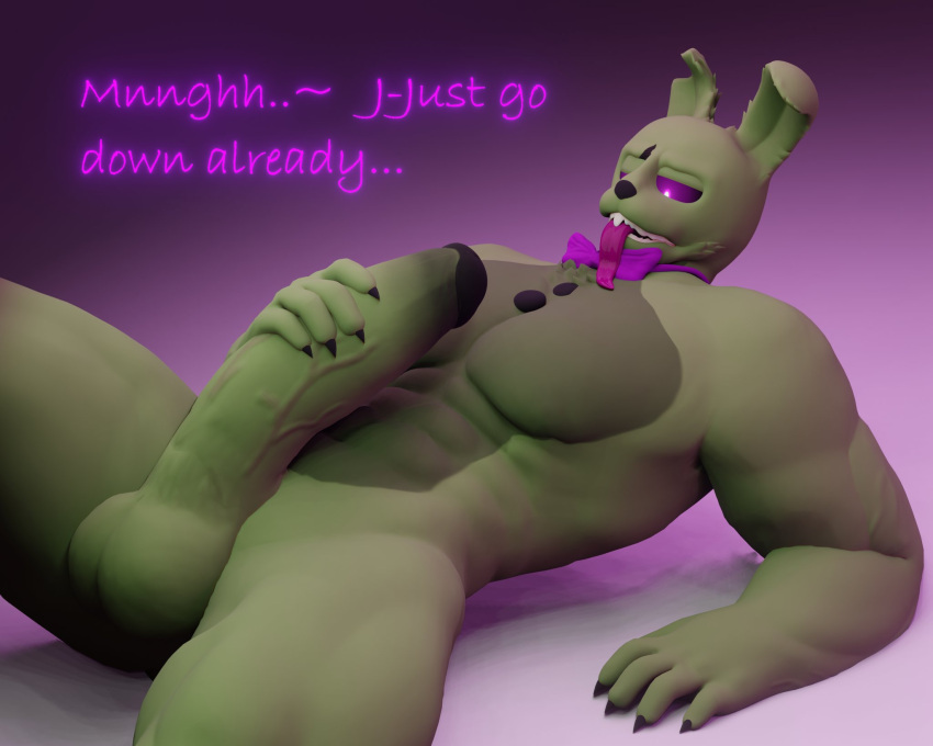 3d 3d_(artwork) anthro anxiousanxiety balls bara big_penis bunny bunny_ears bunny_tail five_nights_at_freddy's furry furry_ears gay genitals green_fur hi_res horny legs_apart long_tongue male male_only masturbation muscular naked nude on_back on_floor on_ground penile_masturbation penis pent_up purple_eyes solo springtrap springtrap_(fnaf) tagme tail text tongue tongue_out