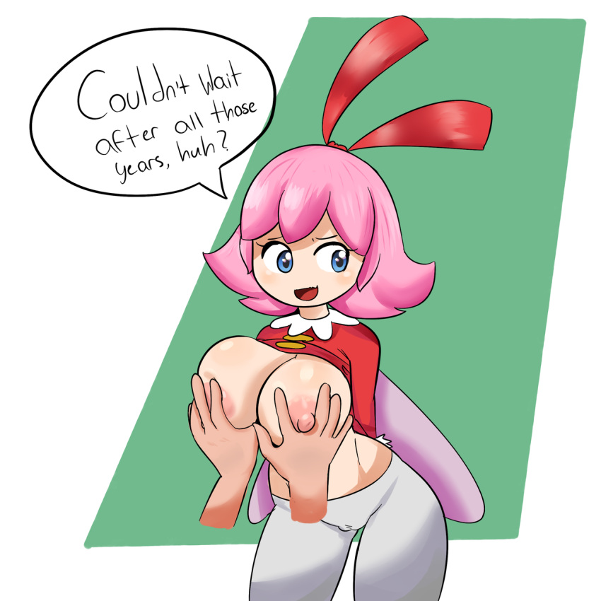 1girls 2019 alternate_breast_size arms_behind_back big_breasts blue_eyes breasts breasts_out cameltoe clothing contrapposto disembodied_hand dizzytizzy fairy female groping hair_ribbon hands_on_breasts holding_breast kirby_(series) light-skinned_female looking_away nintendo nipples open_mouth pantyhose pink_hair ribbon ribbon_(kirby) speech_bubble text thick_thighs white_legwear wide_hips