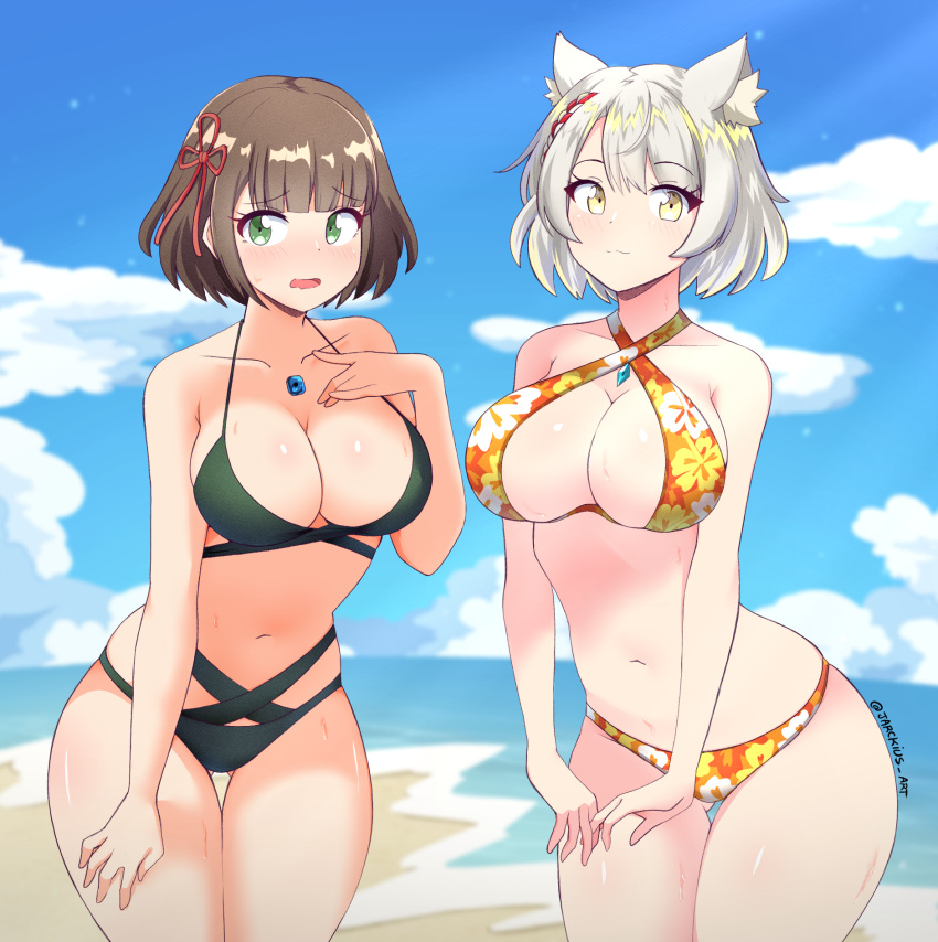 2girls alternate_breast_size beach bikini blush breasts brown_hair cat_ears catgirl cleavage core_crystal embarrassed female female_only gold_eyes green_eyes hi_res hips huge_breasts jarckius light-skinned_female light_skin mio_(xenoblade) miyabi_(xenoblade) nervous nintendo outdoors revealing_clothes short_hair slim_waist smile thick_thighs thighs white_hair wide_hips xenoblade_(series) xenoblade_chronicles_3