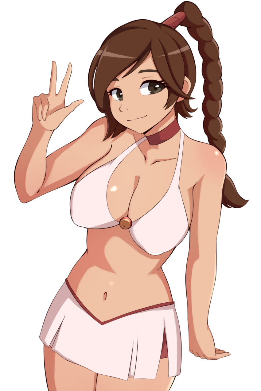 1girls asian_female athletic_female avatar_the_last_airbender belly big_breasts big_eyes bikini braid brown_eyes brown_hair busty choker cleavage cute female female_only large_breasts legs long_hair looking_at_viewer midriff navel ponytail skorts smile solo standing swimsuit thighs ty_lee upper_body v white_background white_bikini