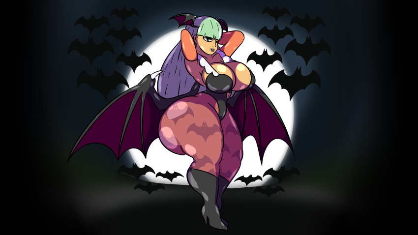 big_ass big_breasts big_butt bubble_butt capcom clothing darkstalkers green_eyes green_hair grey_lips high_heel_boots high_heels huge_ass huge_butt large_breasts looking_at_viewer morrigan_aensland mrpr1993 smile smiling smiling_at_viewer succubus thick_thighs