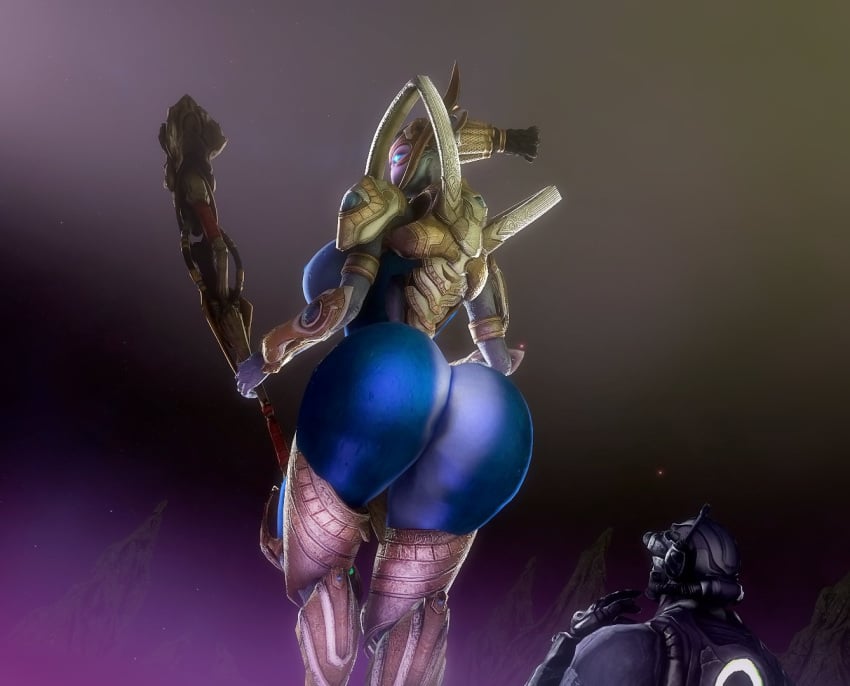 1boy 1boy1girl 1girls alien alien_girl armor ass big_ass big_breasts breasts character_request giantess helmet larger_female protoss rodler-h8 starcraft tagme