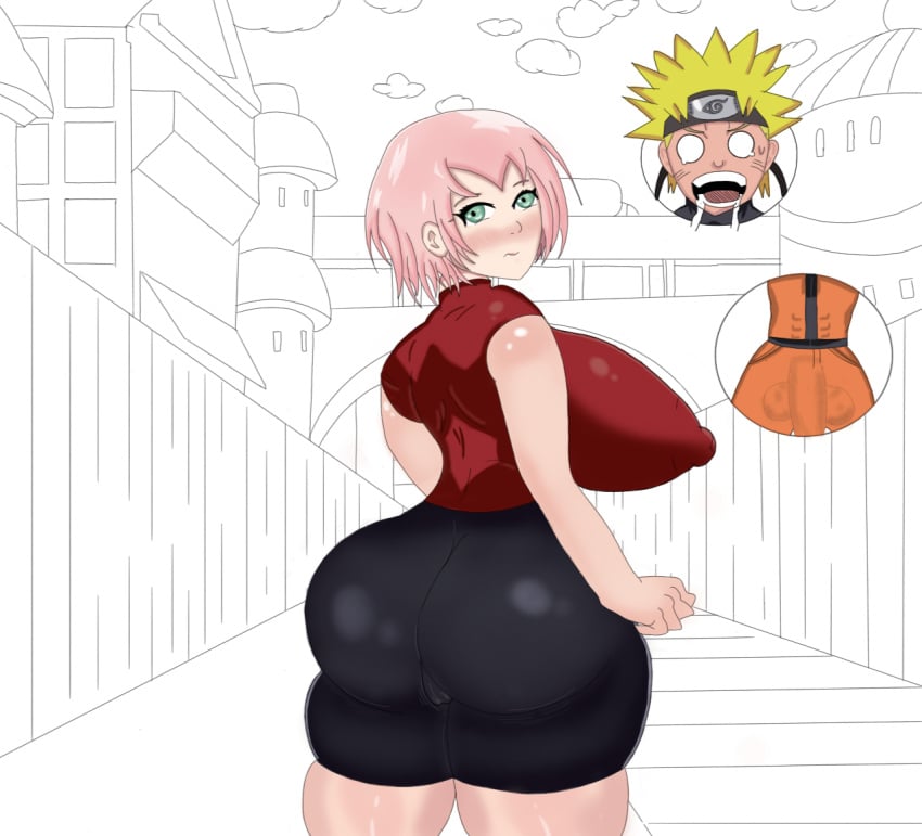 1boy 1girls alternate_breast_size big_ass big_breasts big_penis breasts busty curvy female gigantic_ass gigantic_breasts hyper_breasts male massive_ass massive_breasts naruto naruto_(series) naruto_shippuden partially_colored public puppetmaste0704 sakura_haruno uzumaki_naruto voluptuous