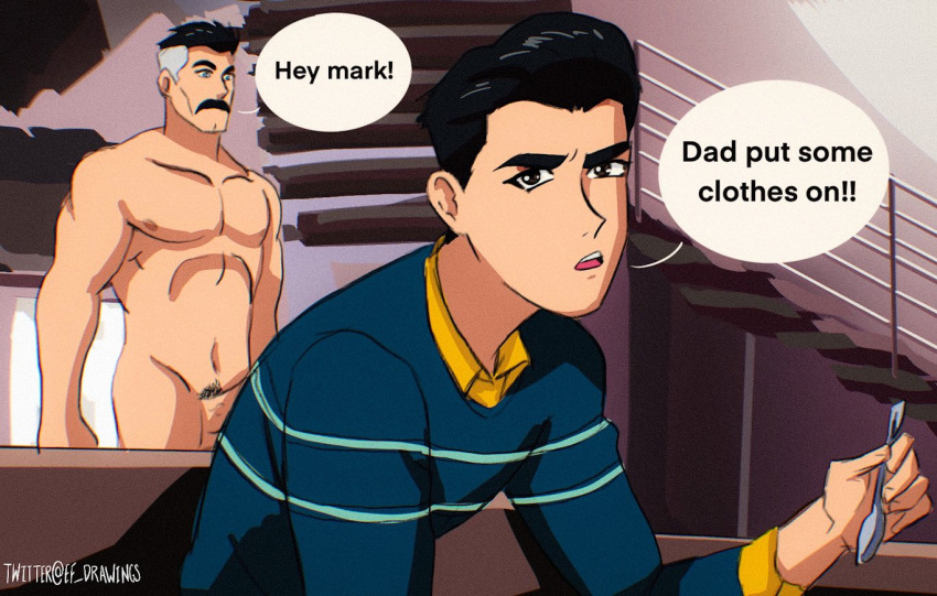 2boys abs age_difference black_and_white_hair black_hair cmnm dialogue dilf eating ef_drawings erection facial_hair father_and_son holding_object invincible male male_nipples male_only mark_grayson muscles muscular muscular_male mustache naked no_sex nolan_grayson omni-man pecs pubic_hair spiral_staircase spoon teen_boy twitter_username veiny_penis