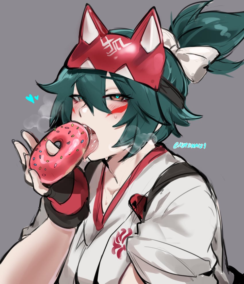 2d blizzard_entertainment donut donut_eating_fetish fully_clothed heart-shaped_pupils kiriko_(overwatch) kurenaiz1 licking looking_at_viewer overwatch overwatch_2 seductive