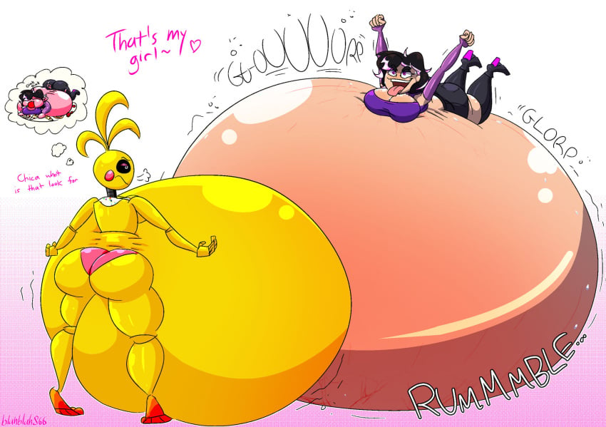 2girls animatronic big_belly blahblah866 chicken fat female five_nights_at_freddy's five_nights_at_freddy's_2 inflation lumina_(spicyjessabi) morbidly_obese_female multiple_girls obese obese_female robot spicyjessabi toy_chica_(fnaf) yellow_skin