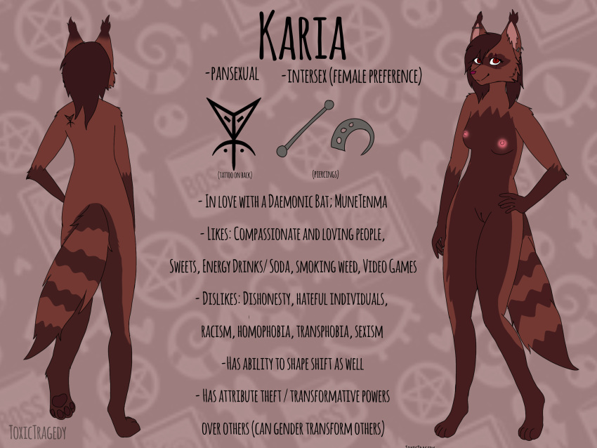 anthro brown_body brown_fur brown_hair demon female fur genitals hair hi_res kairuutenma kariatenma mammal model_sheet nipples pawpads piercing procyonid pussy raccoon solo tattoo toxic_tragedy