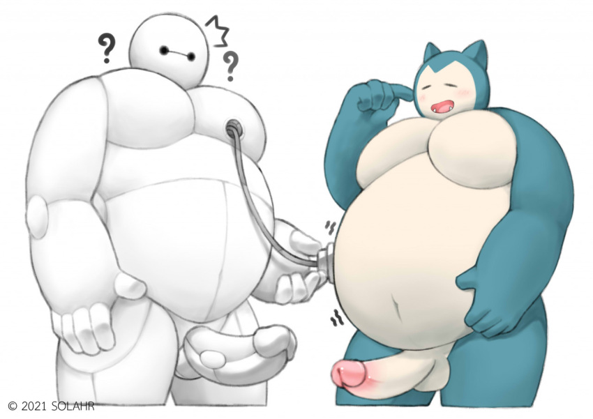 2boys anthro baymax belly big_hero_6 chubby crossover erection male male_only marvel marvel_comics penis pokémon_(species) pokemon robot snorlax solahr white_background