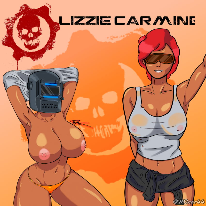 breasts brown_skin female gears_of_war lizzie_carmine mask nipples smiling transparent_clothing underwear whitegear_(artist)