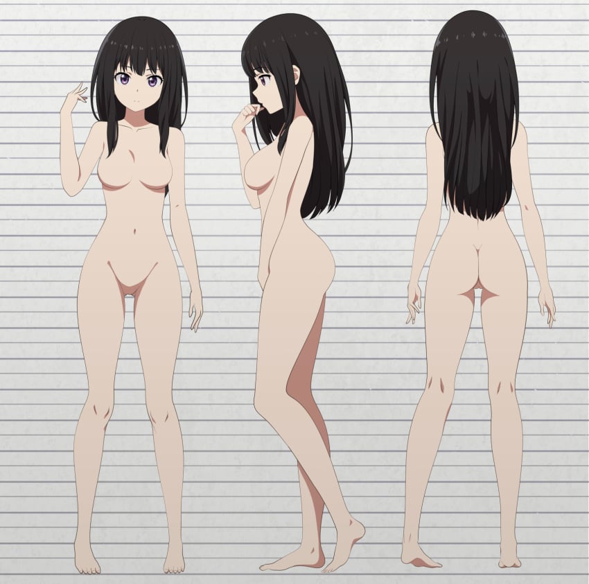 1girls 2020s 2022 ass ass_visible_through_thighs bare_ass bare_shoulders barefoot black_hair breasts collarbone completely_nude completely_nude_female dat_ass female full_body gluteal_fold hi_res inoue_takina long_hair looking_at_viewer lycoris_recoil medium_breasts multiple_views nanikairu navel no_nipples no_pussy nude nude_female pasya-pasya purple_eyes pussy solo standing teenage_girl teenager toes